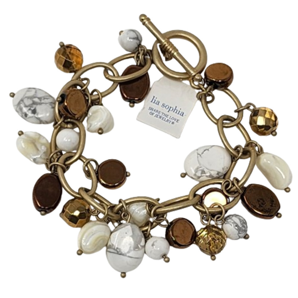 Lia Sophia Chain Link Bracelet 7" -Genuine Howlite, Mother-of-Pearl, Glass Beads